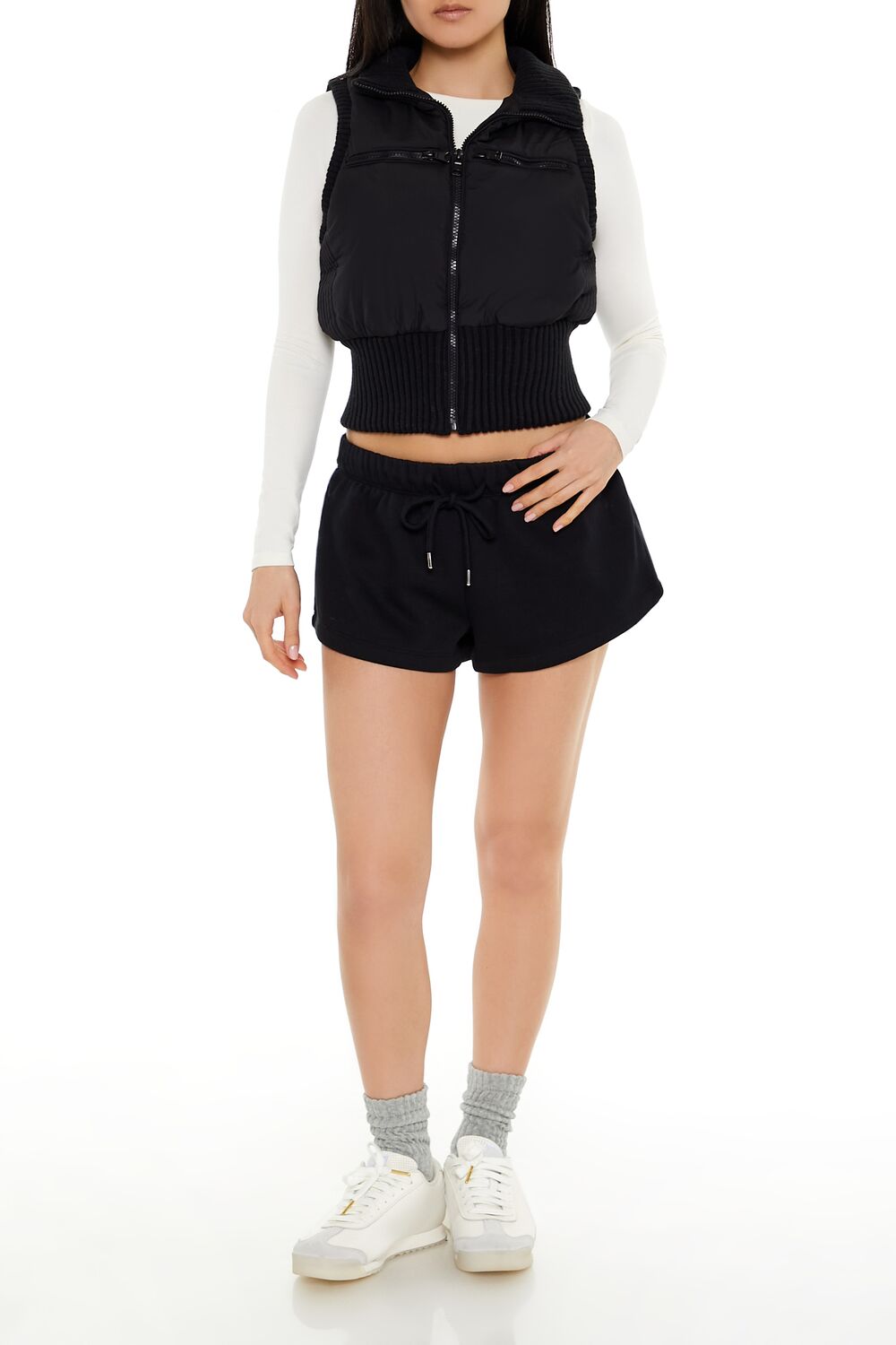  Forever 21 Cropped Zip-Up Vest - black - Bonton