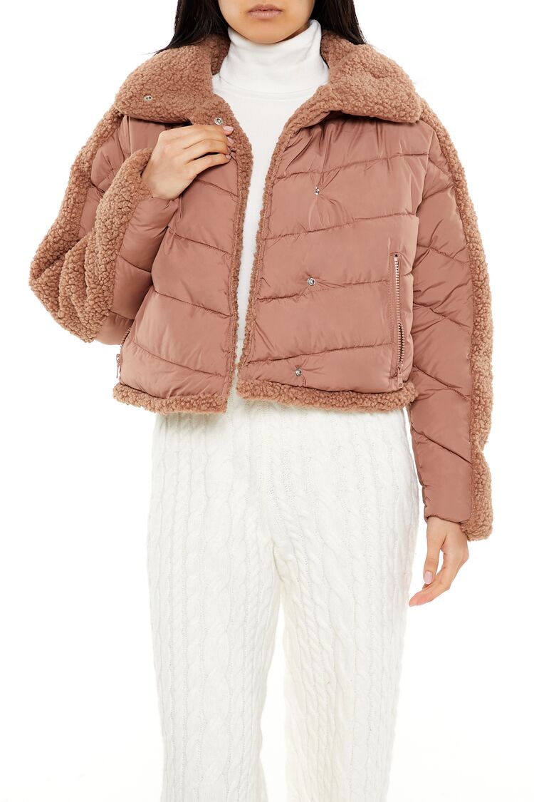  Forever 21 Faux Shearling-Trim Puffer Jacket - tan - Bonton