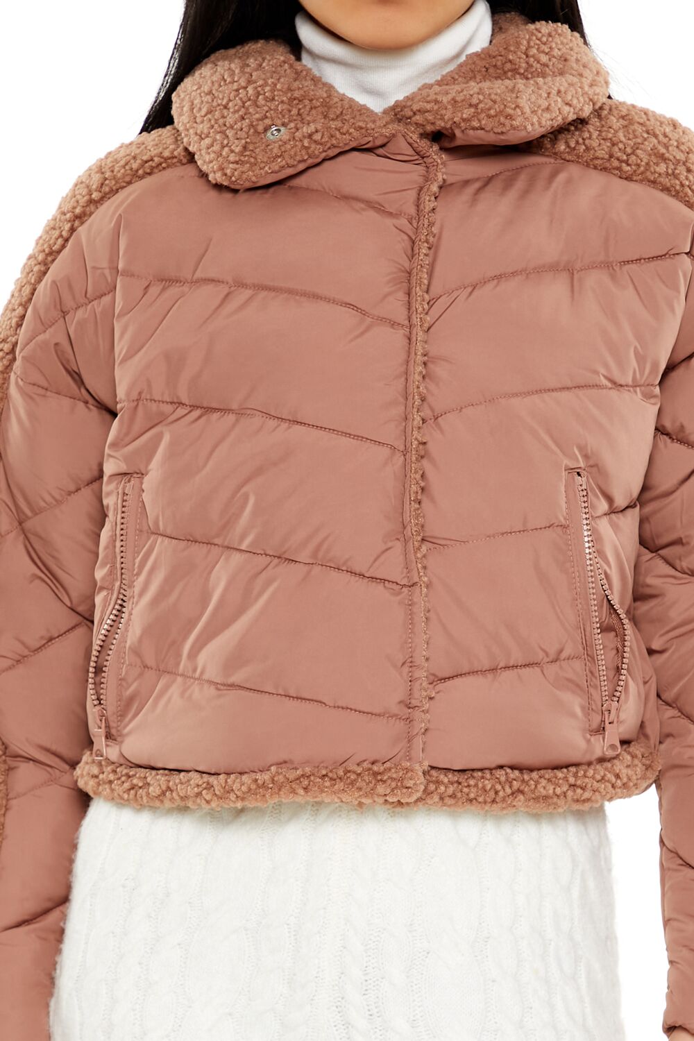  Forever 21 Faux Shearling-Trim Puffer Jacket - tan - Bonton