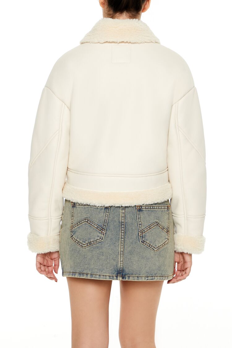  Forever 21 Faux Shearling-Trim Aviator Jacket - ivory - Bonton