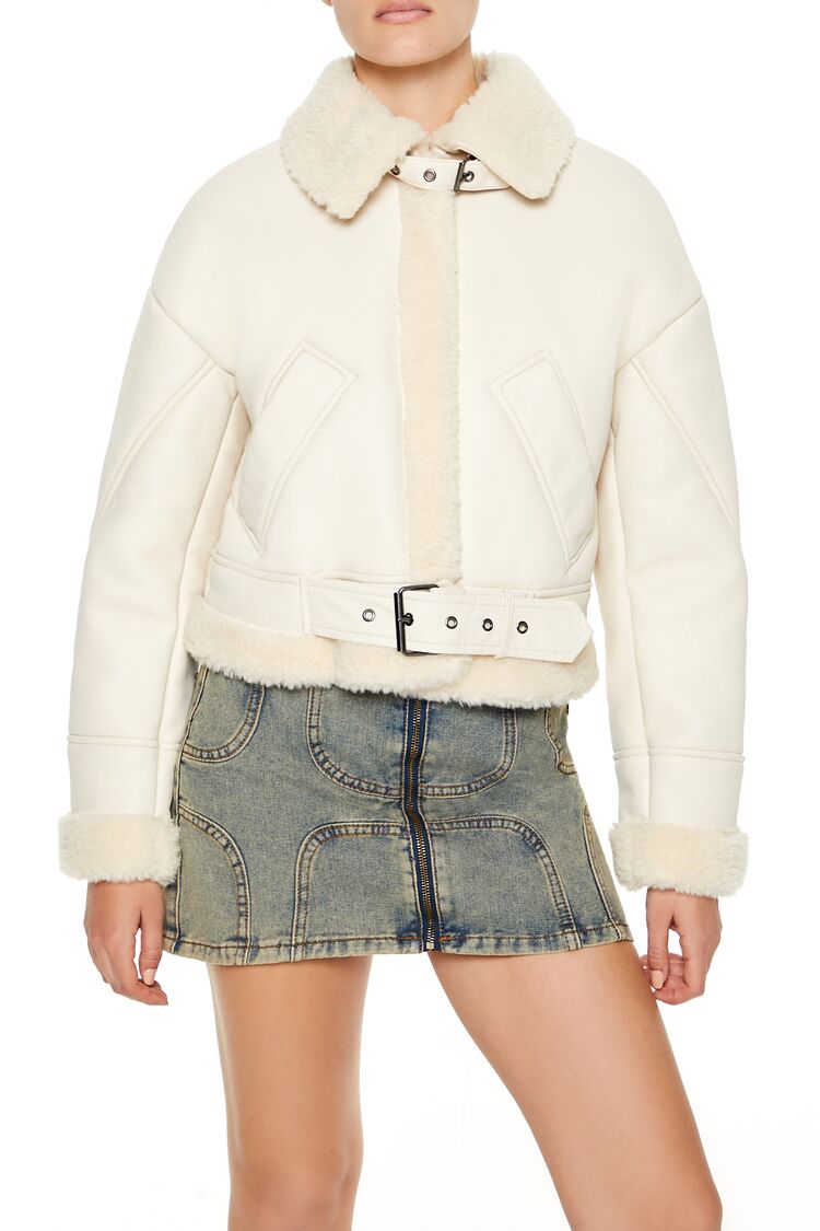  Forever 21 Faux Shearling-Trim Aviator Jacket - ivory - Bonton
