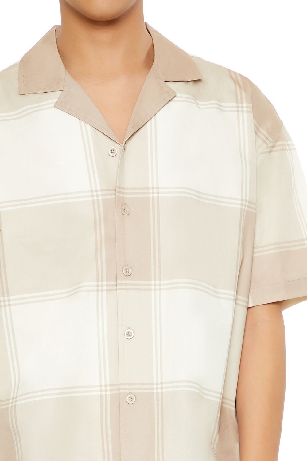  Forever 21 Plaid Drop-Sleeve Cropped Shirt - taupe cream - Bonton