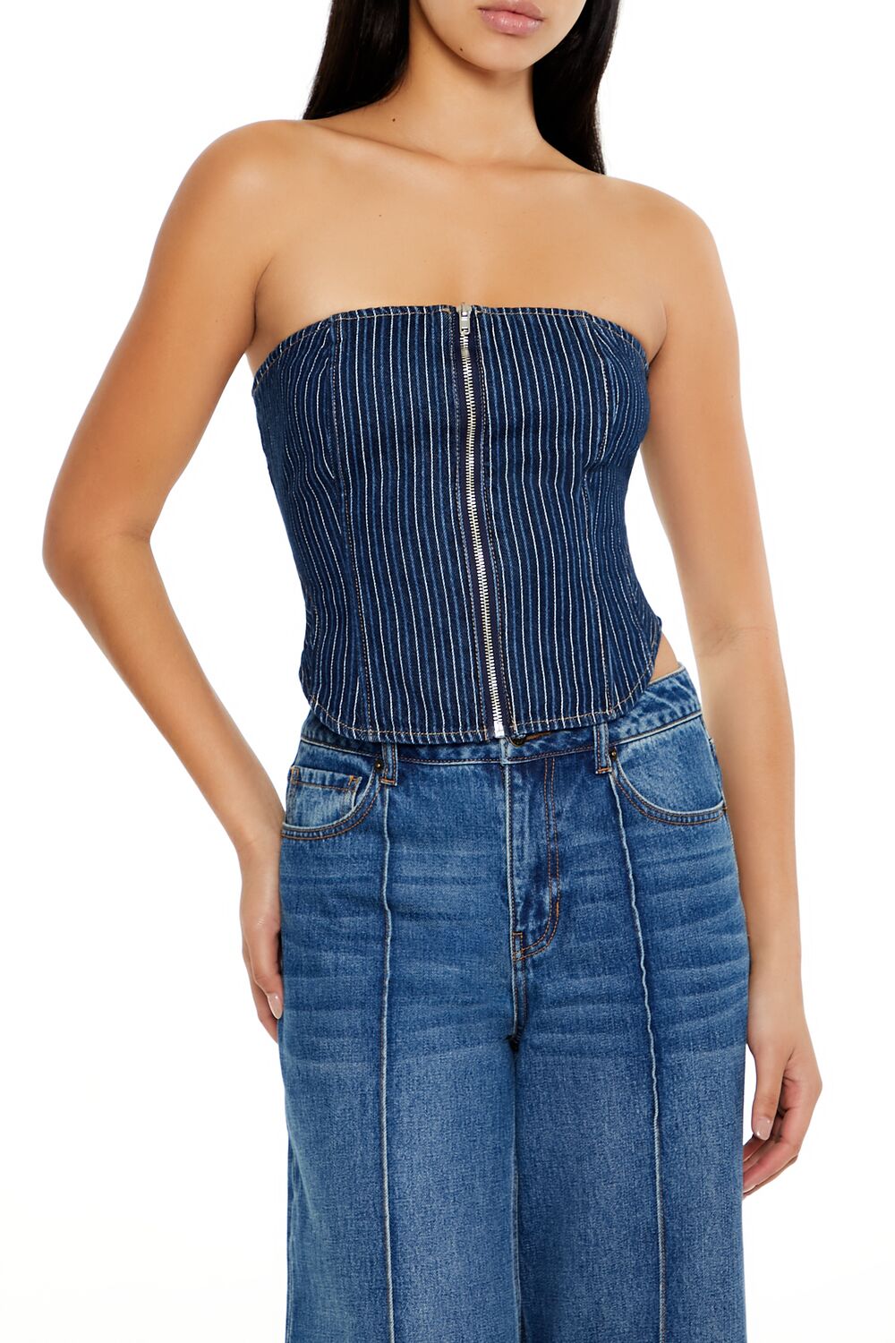  Forever 21 Striped Denim Tube Crop Top - dark denim - Bonton