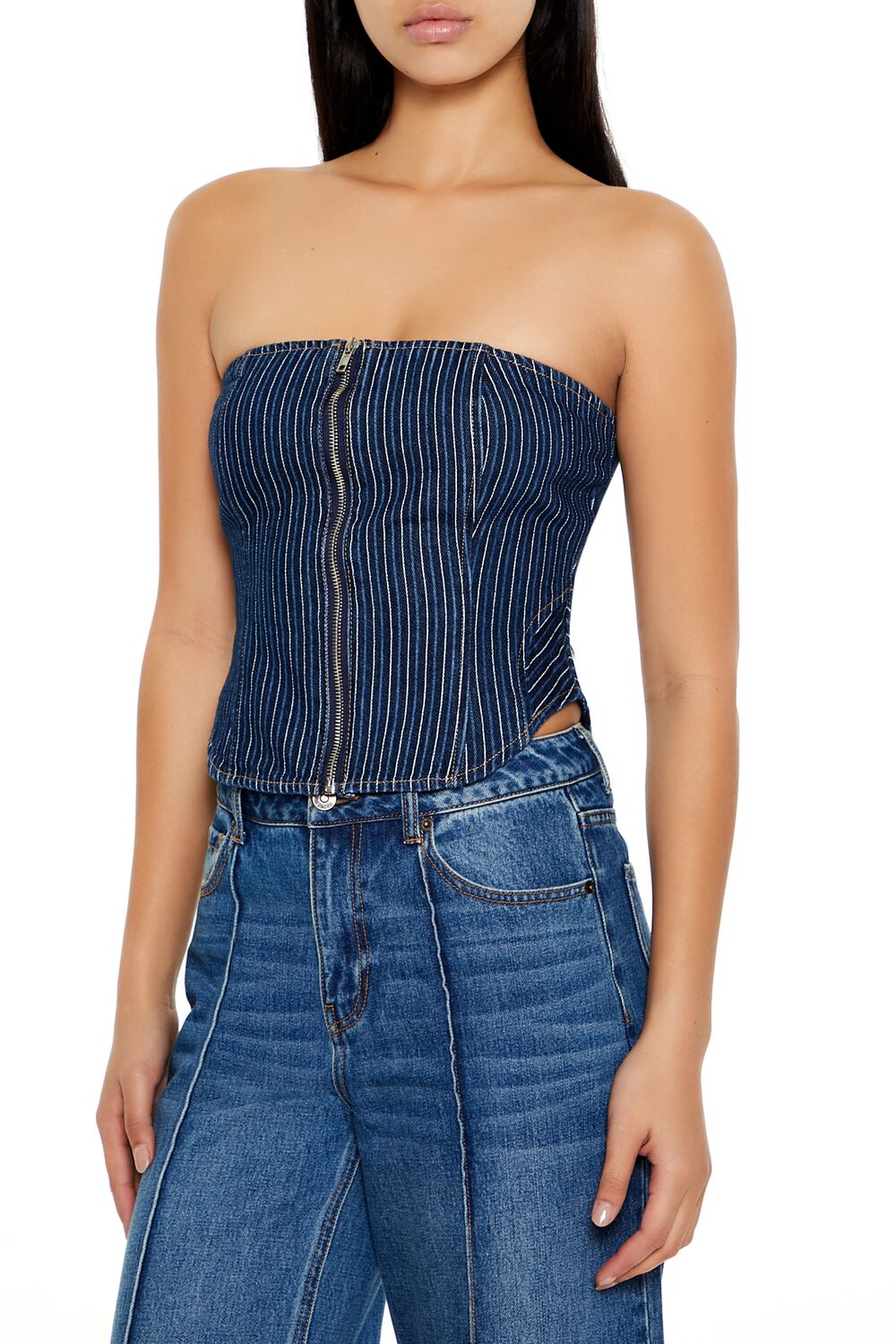  Forever 21 Striped Denim Tube Crop Top - dark denim - Bonton