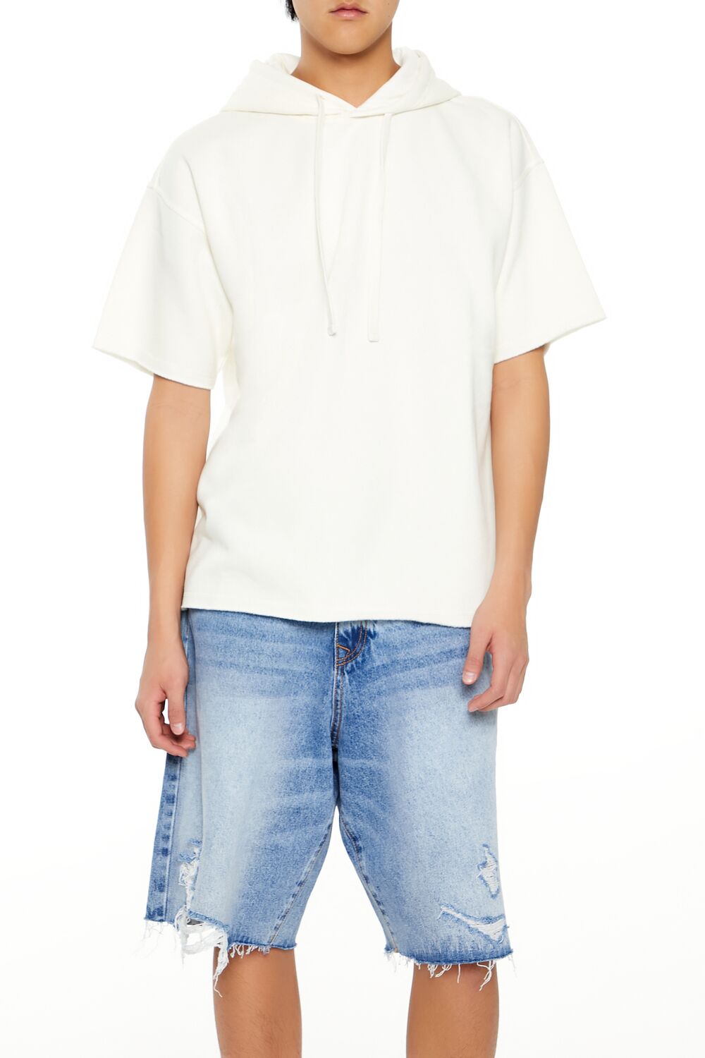  Forever 21 Short-Sleeve Drawstring Hoodie - cream - Bonton