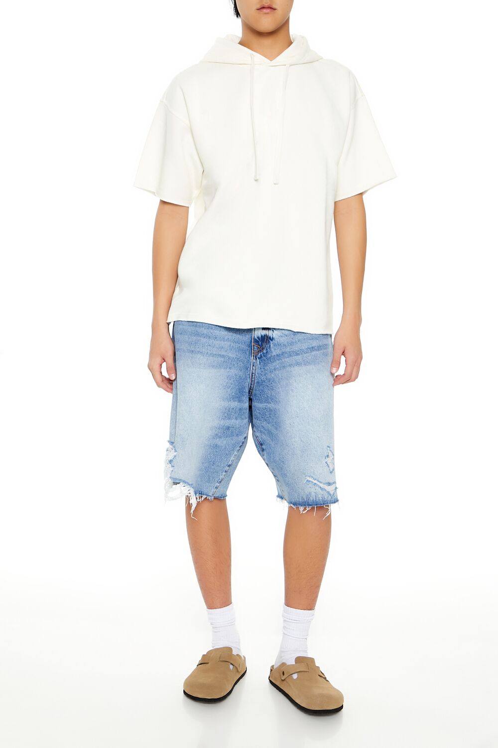  Forever 21 Short-Sleeve Drawstring Hoodie - cream - Bonton