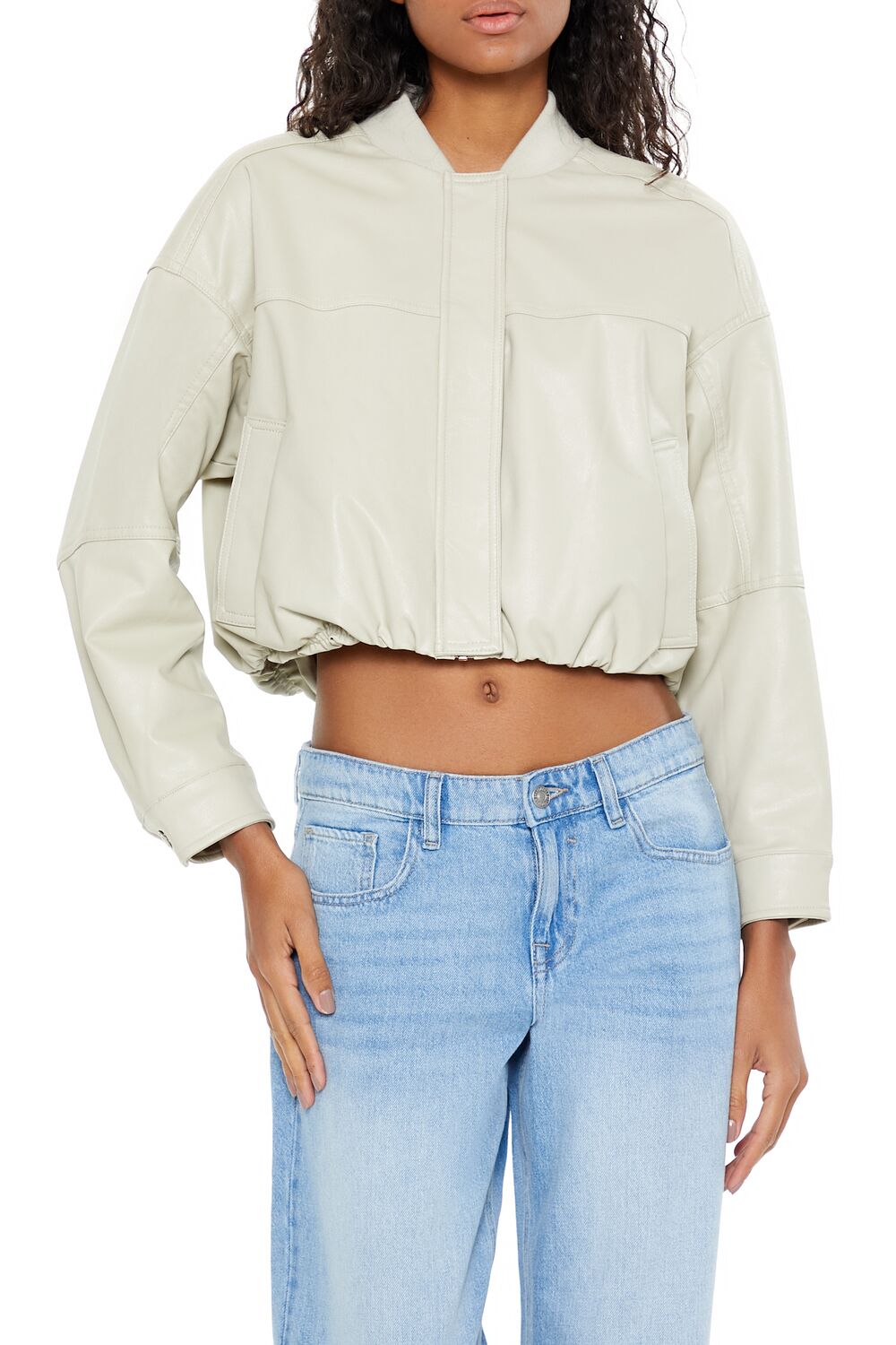  Forever 21 Faux Leather Cropped Bomber Jacker - turtle-green-swatch - Bonton