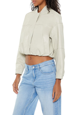 Faux Leather Cropped Bomber Jacker