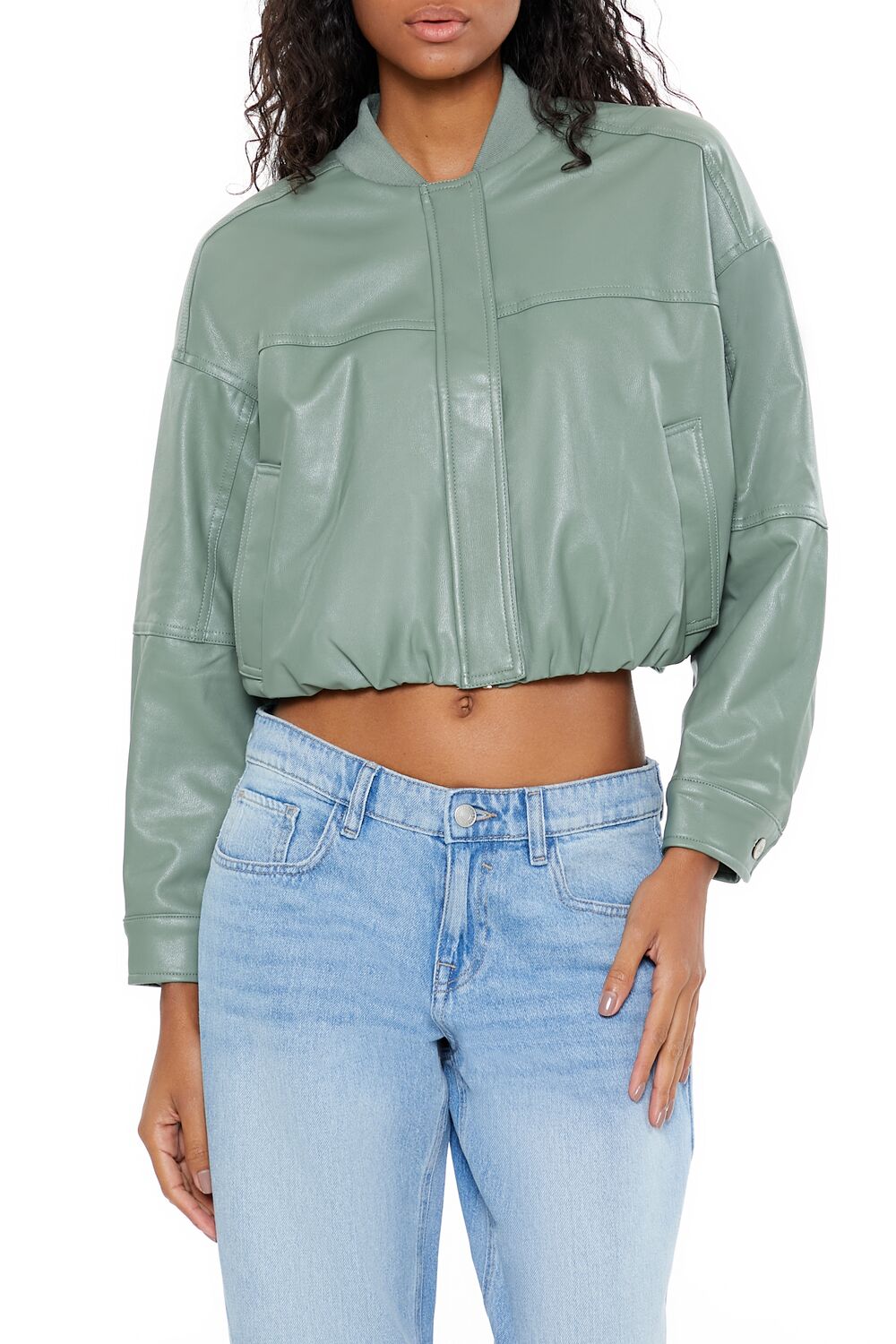  Forever 21 Faux Leather Cropped Bomber Jacker - turtle-green-swatch - Bonton