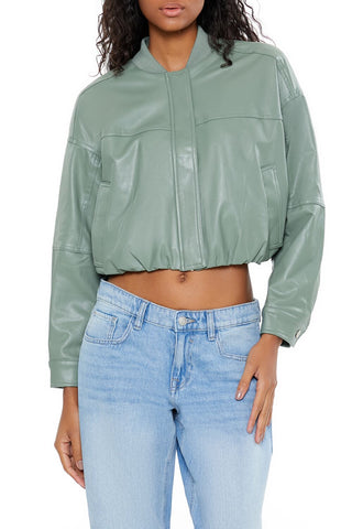 Faux Leather Cropped Bomber Jacker