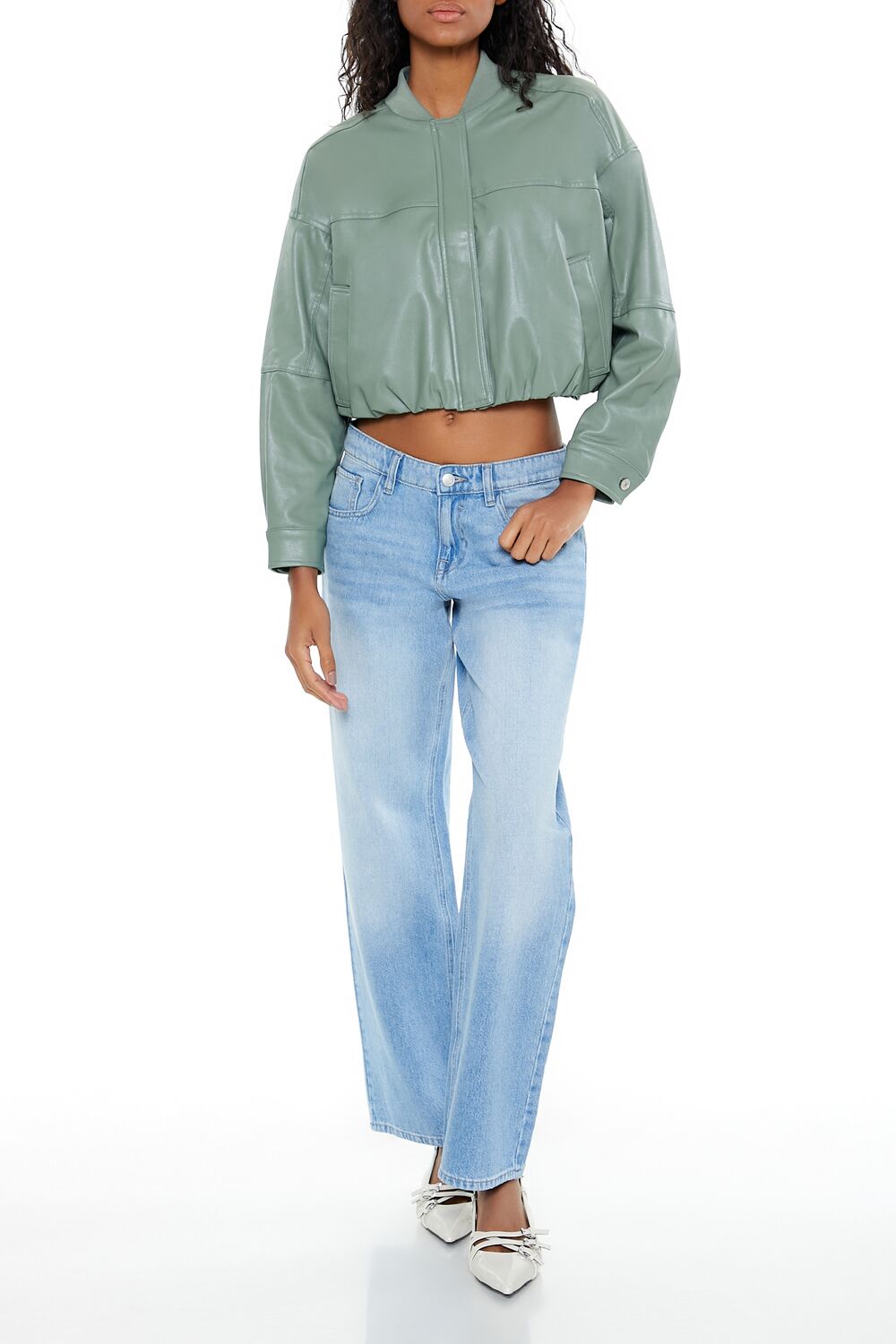  Forever 21 Faux Leather Cropped Bomber Jacker - turtle-green-swatch - Bonton