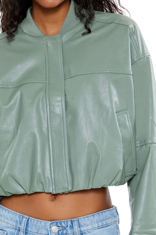 Faux Leather Cropped Bomber Jacker