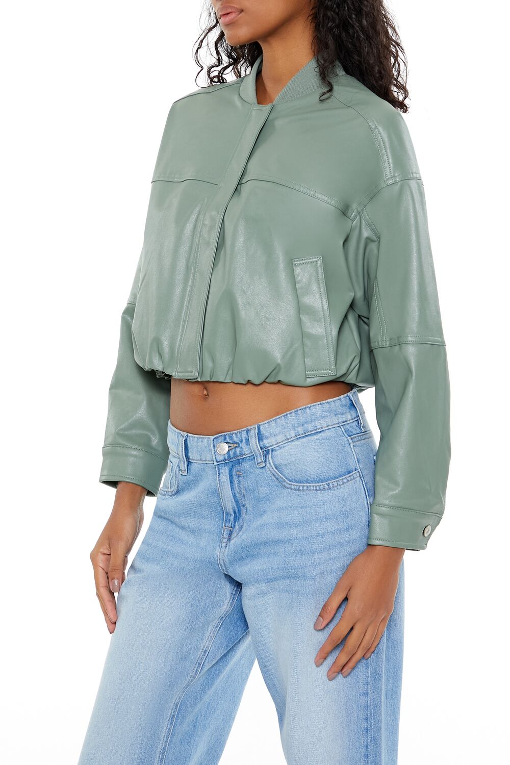  Forever 21 Faux Leather Cropped Bomber Jacker - turtle-green-swatch - Bonton
