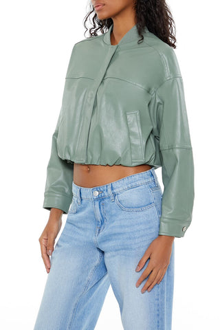 Faux Leather Cropped Bomber Jacker