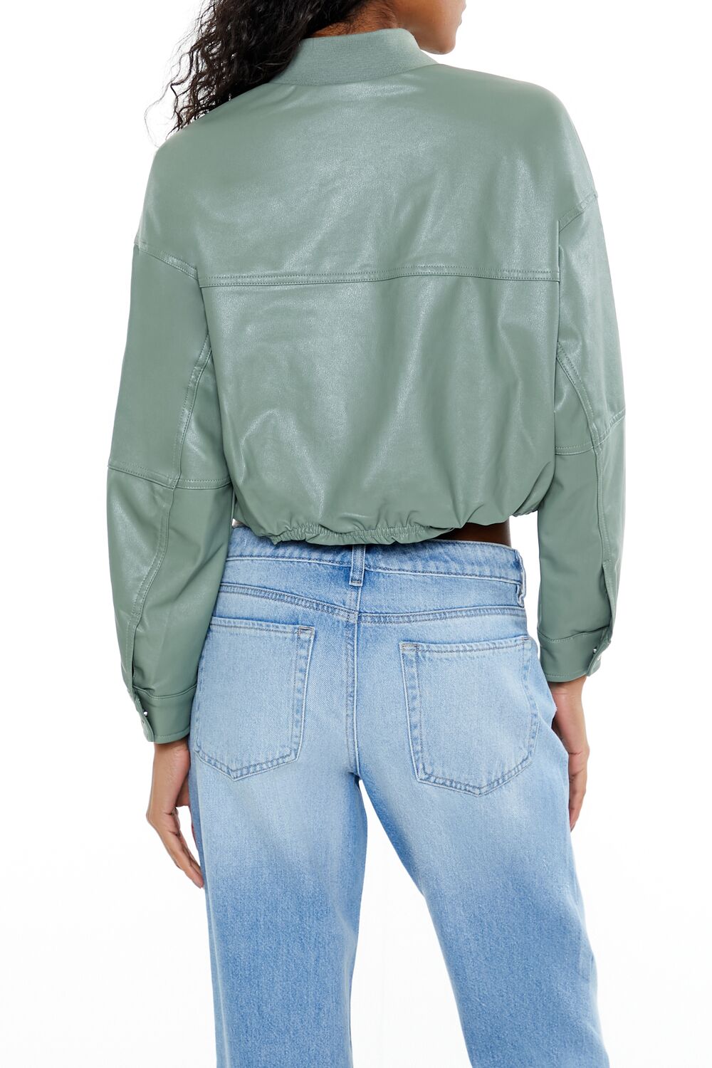  Forever 21 Faux Leather Cropped Bomber Jacker - turtle-green-swatch - Bonton