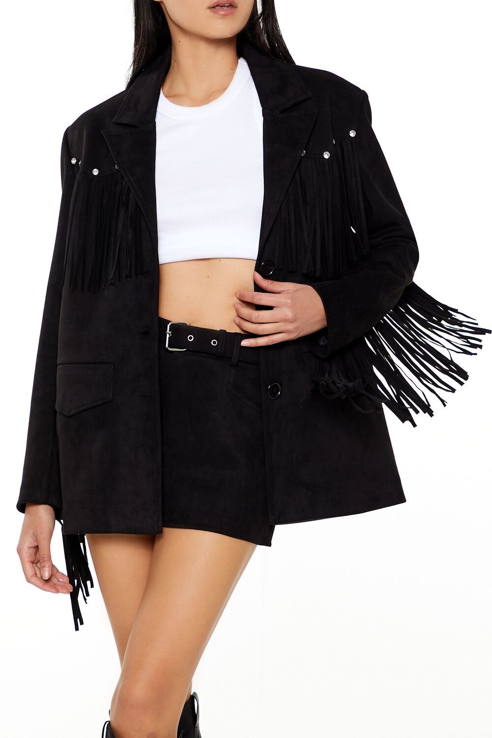  Forever 21 Rhinestone Fringe Faux Suede Blazer - black-swatch - Bonton