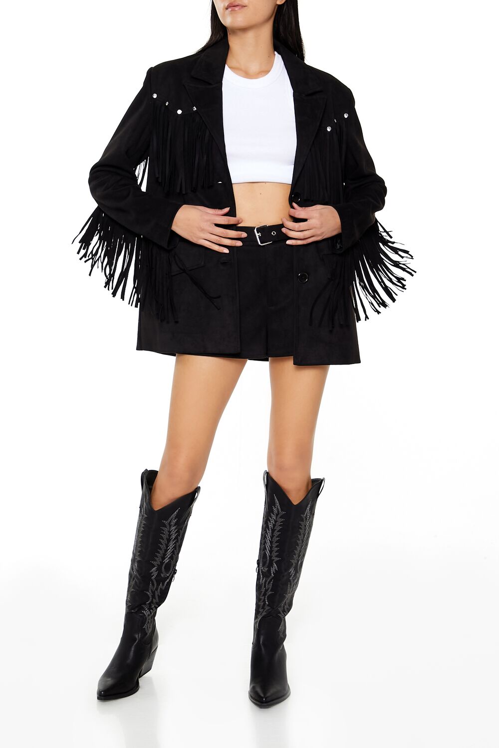  Forever 21 Rhinestone Fringe Faux Suede Blazer - black-swatch - Bonton