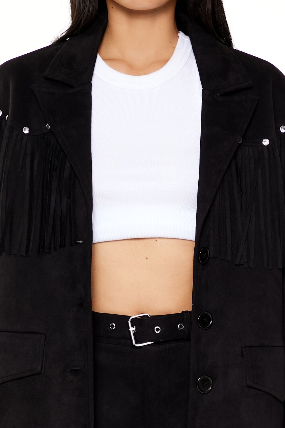  Forever 21 Rhinestone Fringe Faux Suede Blazer - black-swatch - Bonton