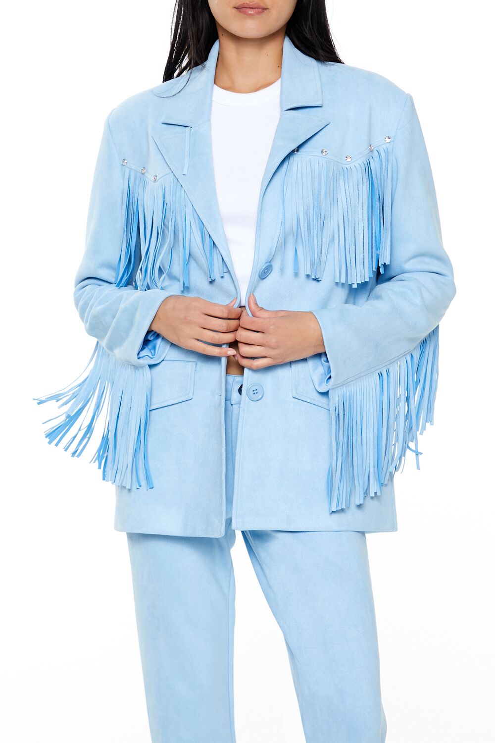  Forever 21 Rhinestone Fringe Faux Suede Blazer - black-swatch - Bonton