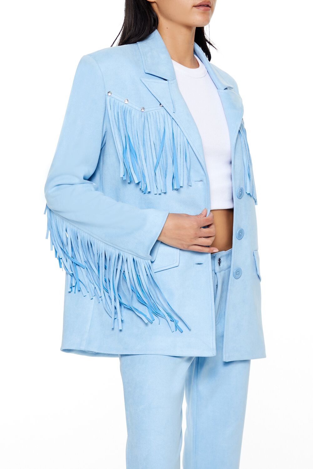 Forever 21 Rhinestone Fringe Faux Suede Blazer - black-swatch - Bonton