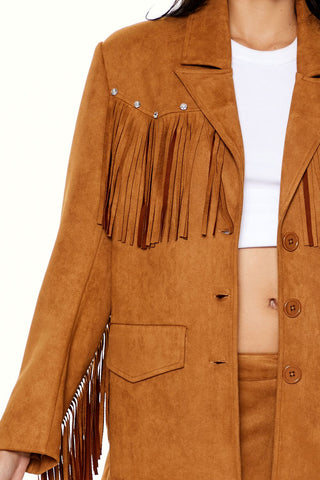 Rhinestone Fringe Faux Suede Blazer