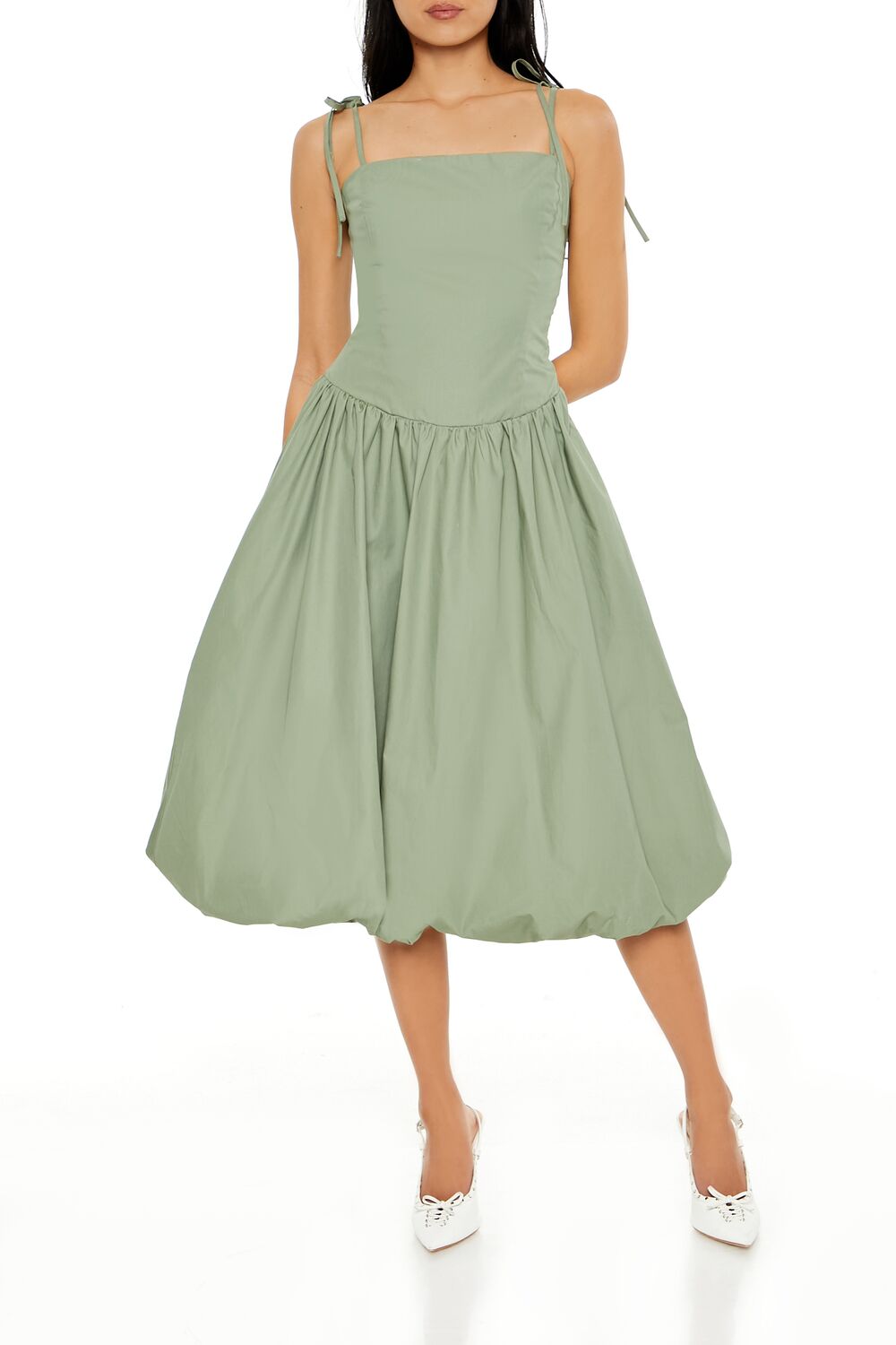  Forever 21 Bubble-Hem Tie-Strap Midi Dress - turtle-green-swatch - Bonton