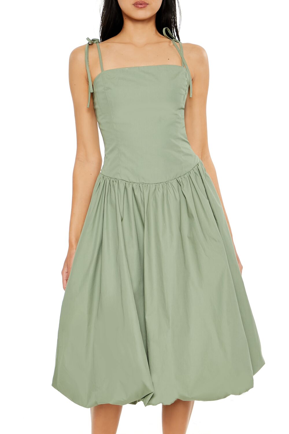  Forever 21 Bubble-Hem Tie-Strap Midi Dress - turtle-green-swatch - Bonton