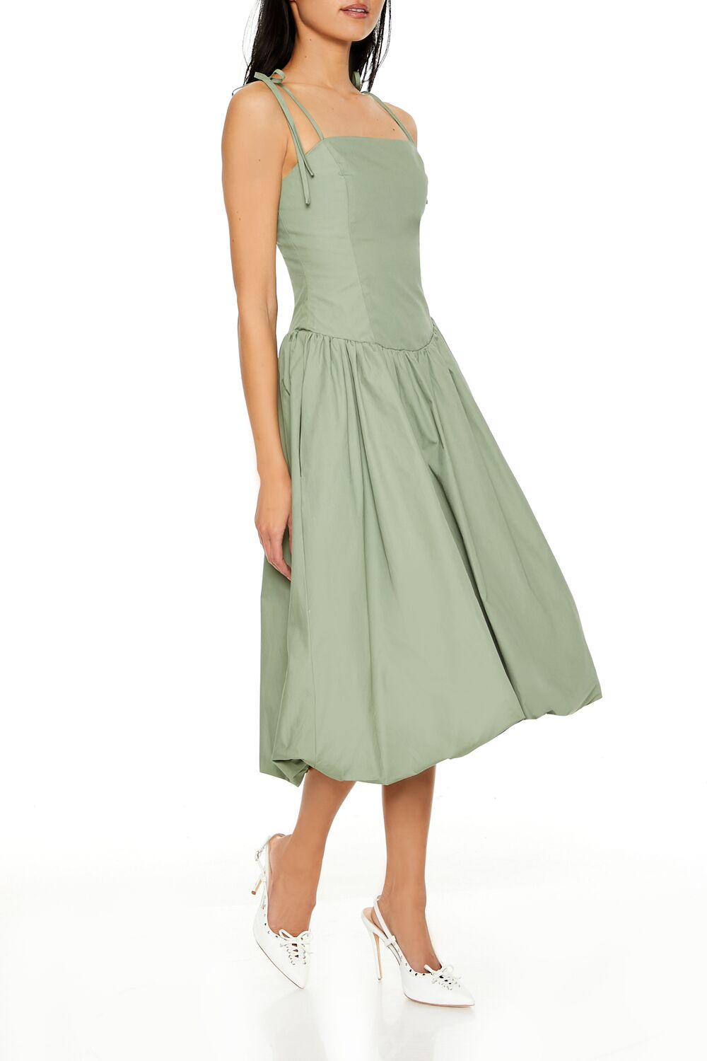  Forever 21 Bubble-Hem Tie-Strap Midi Dress - turtle-green-swatch - Bonton