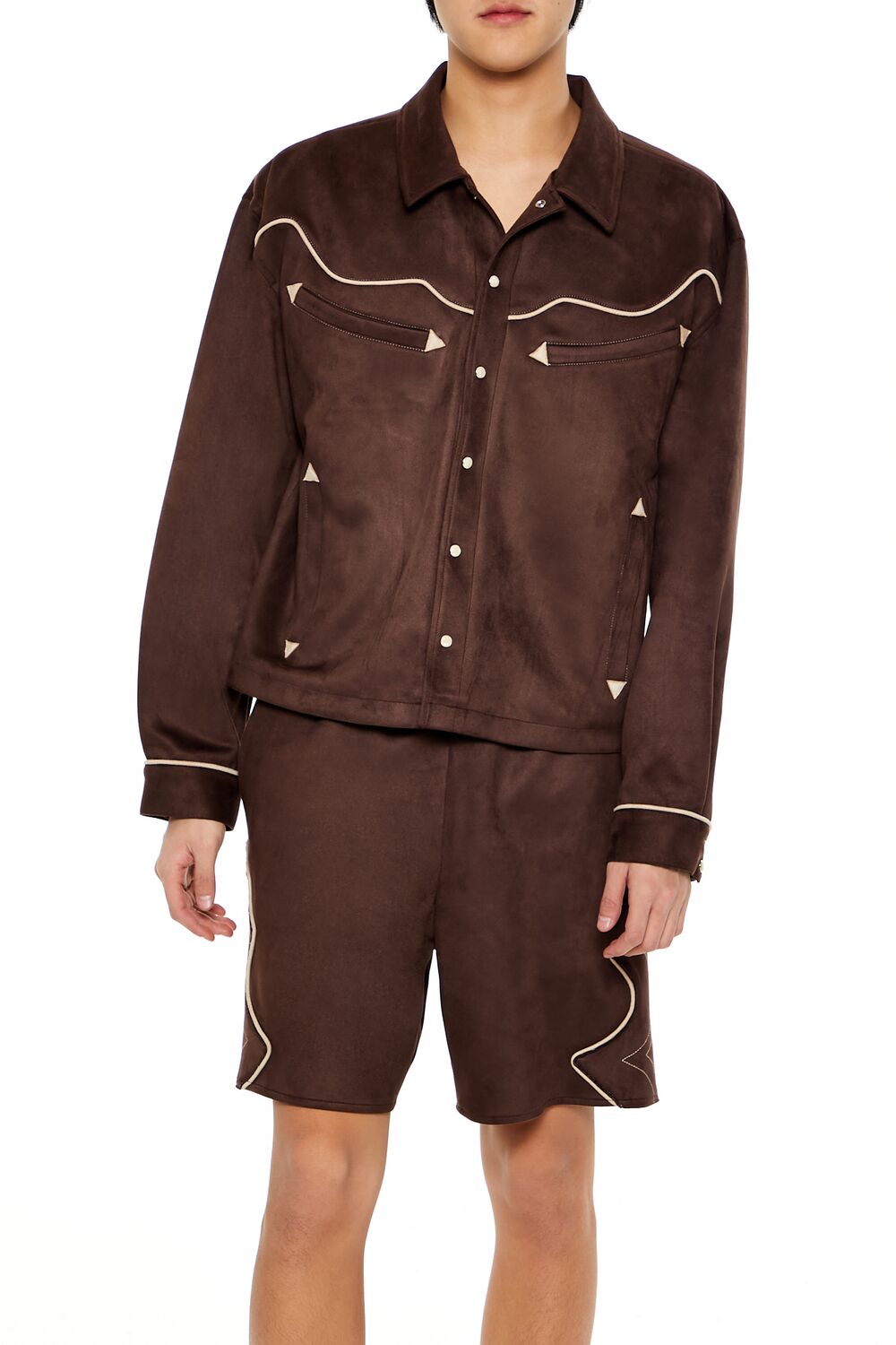  Forever 21 Geo Faux Suede Trucker Jacket - cocoa-taupe - Bonton