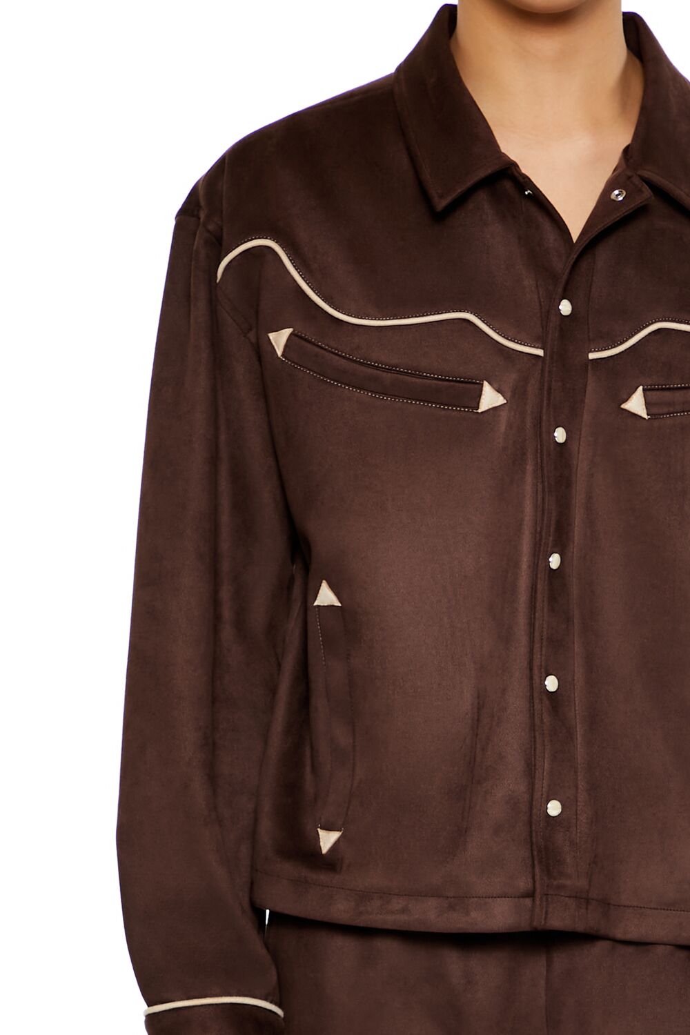  Forever 21 Geo Faux Suede Trucker Jacket - cocoa-taupe - Bonton