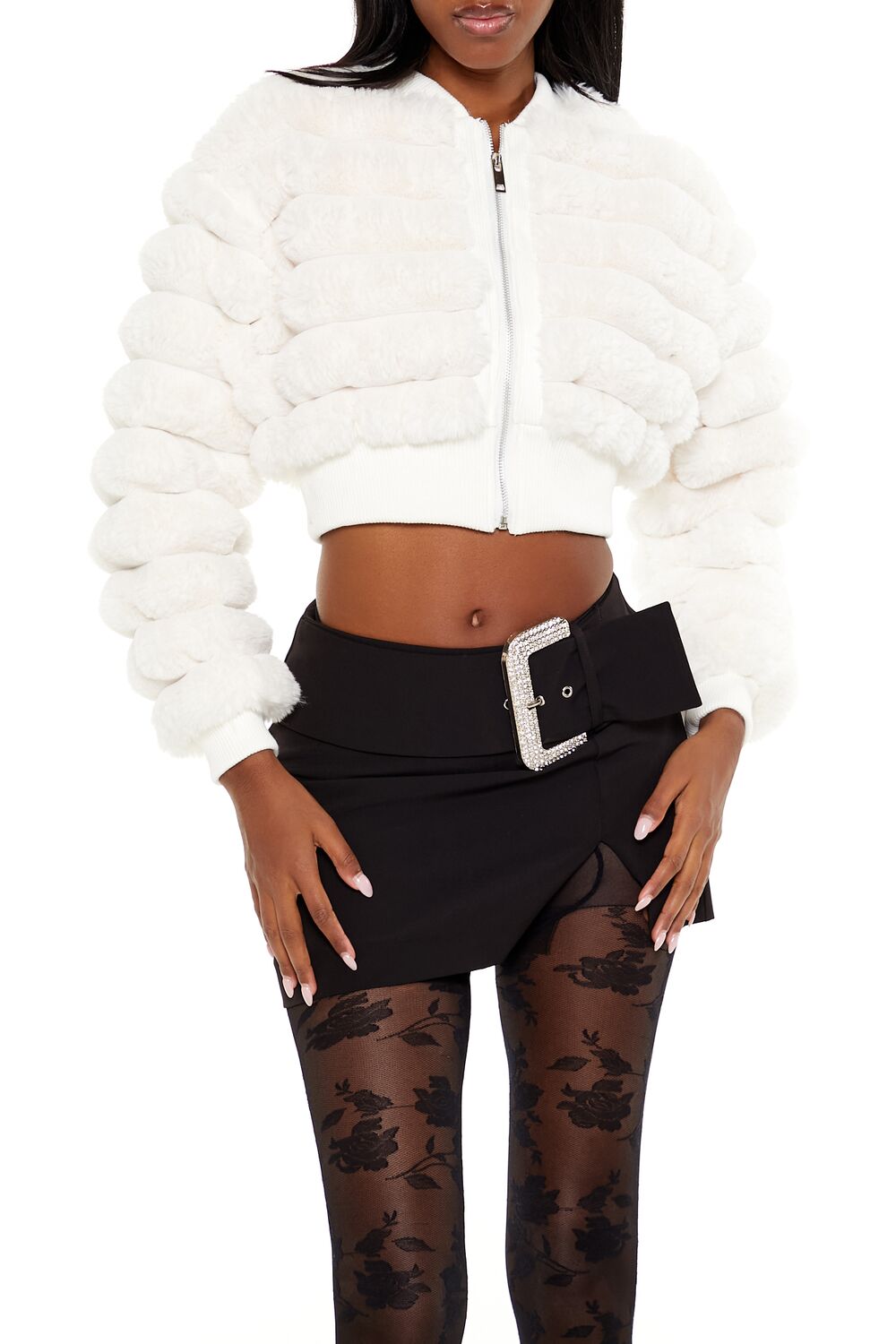  Forever 21 Faux Fur Cropped Bomber Jacket - ivory - Bonton