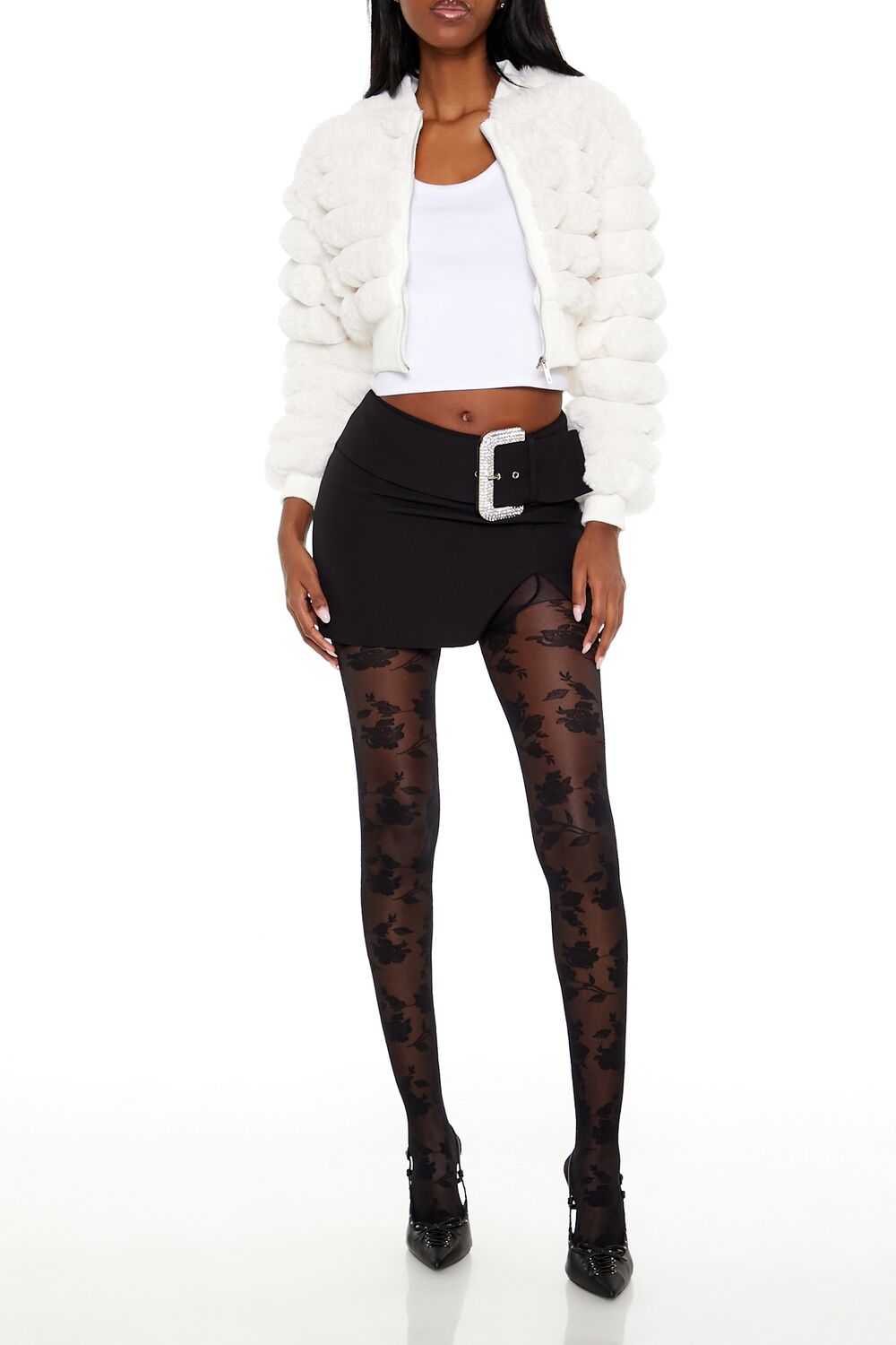  Forever 21 Faux Fur Cropped Bomber Jacket - ivory - Bonton