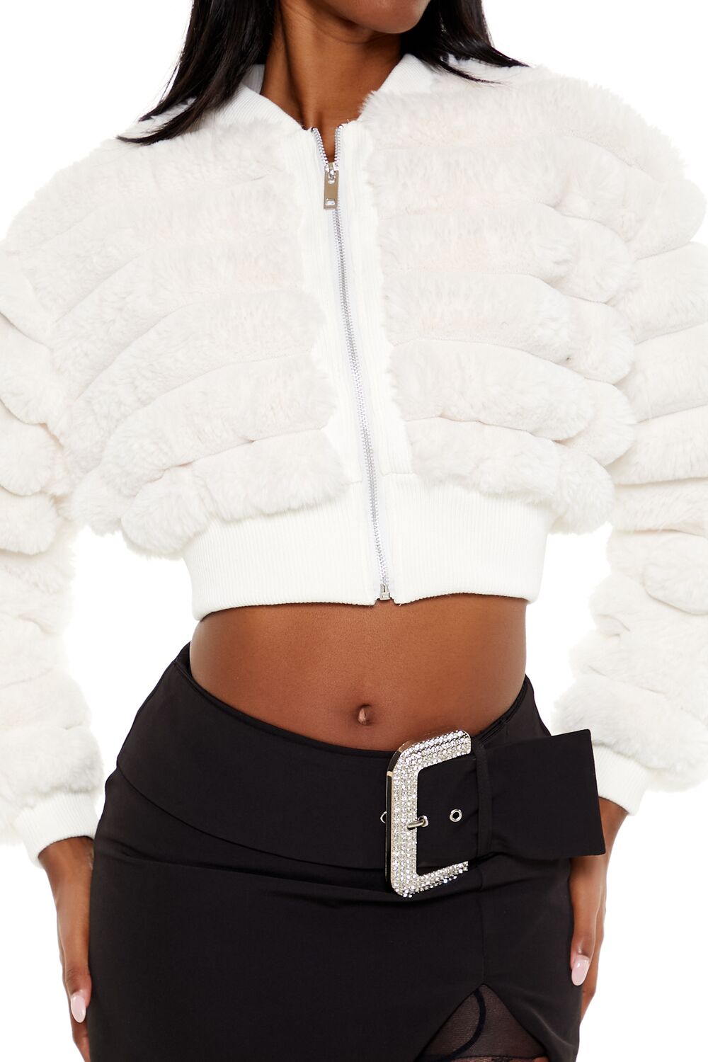  Forever 21 Faux Fur Cropped Bomber Jacket - ivory - Bonton