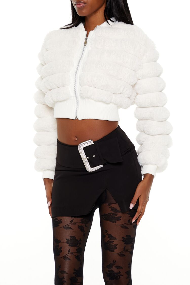  Forever 21 Faux Fur Cropped Bomber Jacket - ivory - Bonton