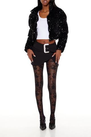 Sequin Faux Fur Puffer Jacket