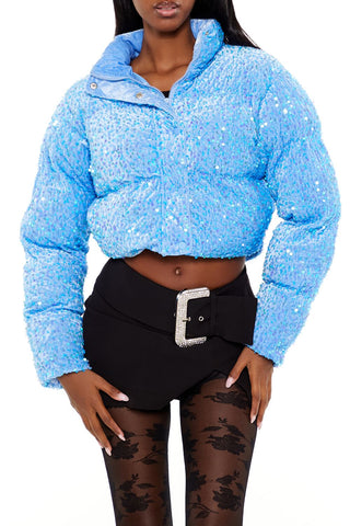 Sequin Faux Fur Puffer Jacket