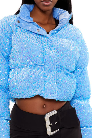Sequin Faux Fur Puffer Jacket