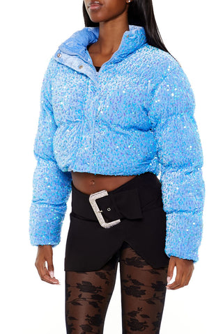 Sequin Faux Fur Puffer Jacket