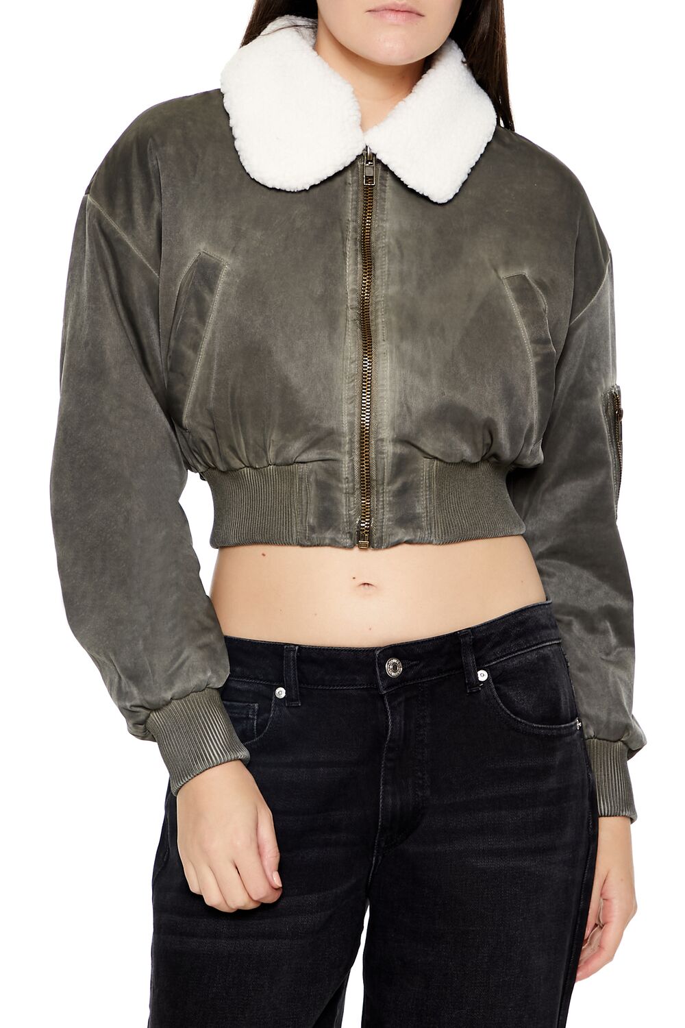  Forever 21 Oil Wash Cropped Bomber Jacket - dark-brown-swatch - Bonton