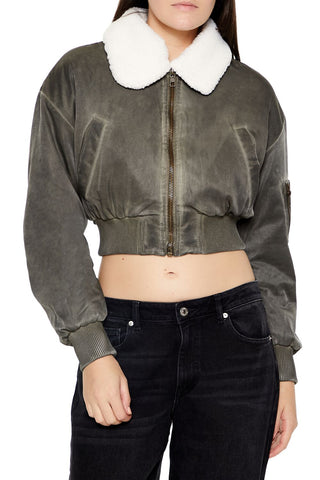 Oil Wash Cropped Bomber Jacket