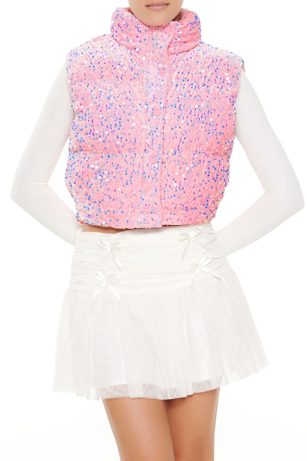 Forever 21 Iridescent Sequin Faux Fur Vest - pink - Bonton