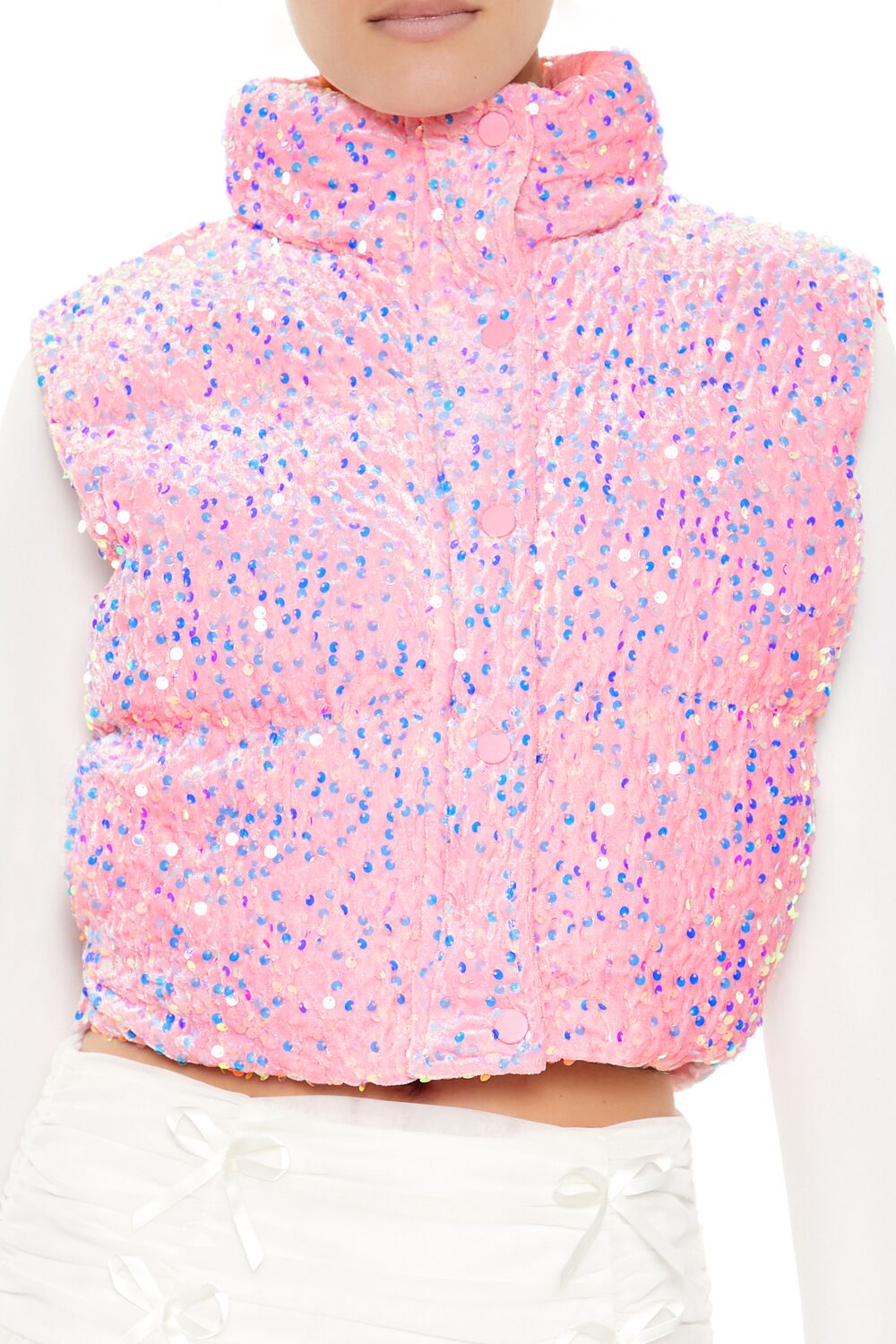  Forever 21 Iridescent Sequin Faux Fur Vest - pink - Bonton