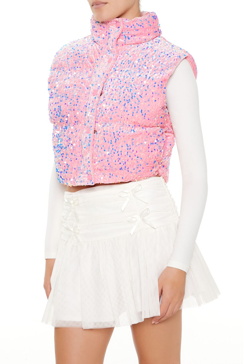  Forever 21 Iridescent Sequin Faux Fur Vest - pink - Bonton