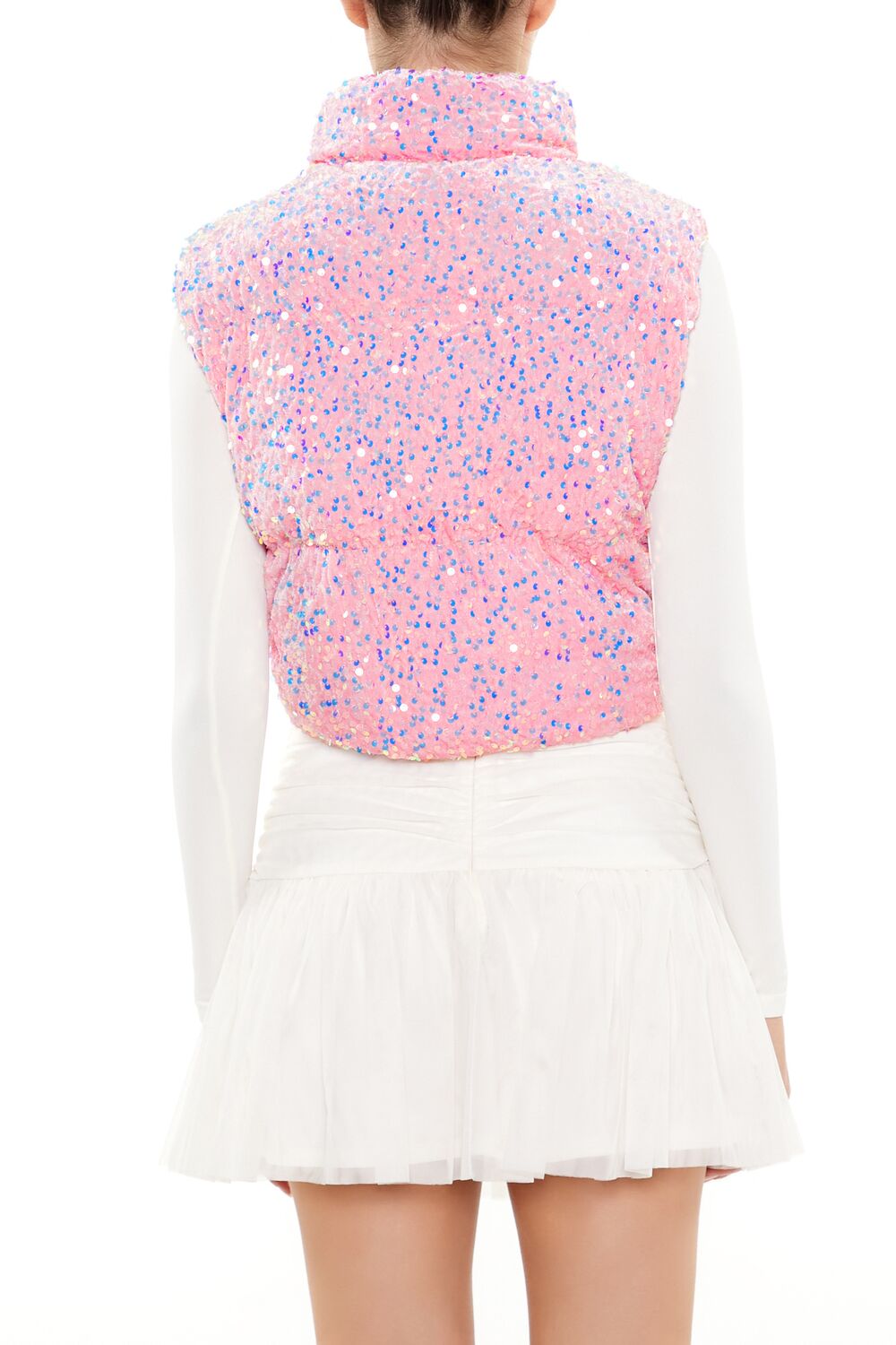 Forever 21 Iridescent Sequin Faux Fur Vest - pink - Bonton