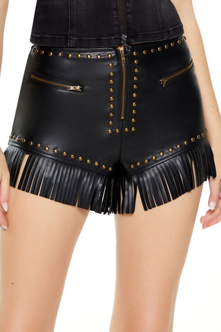 Faux Leather Fringe-Trim Shorts