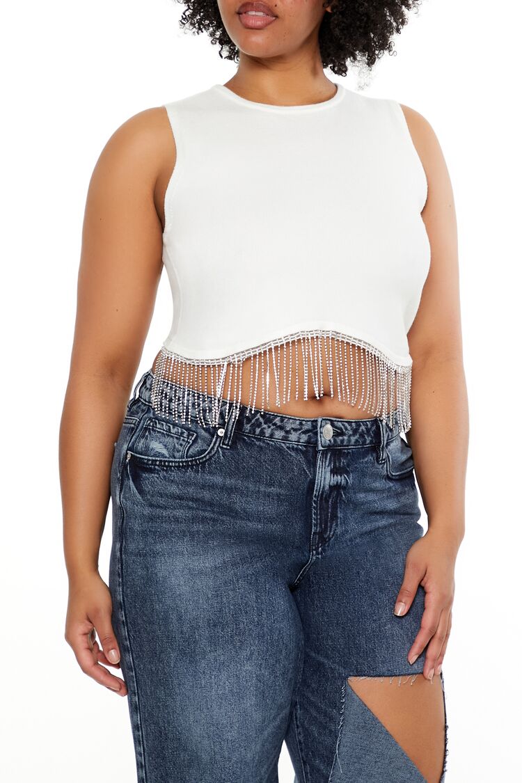  Forever 21 Plus Size Sweater-Knit Rhinestone Crop Top - white - Bonton
