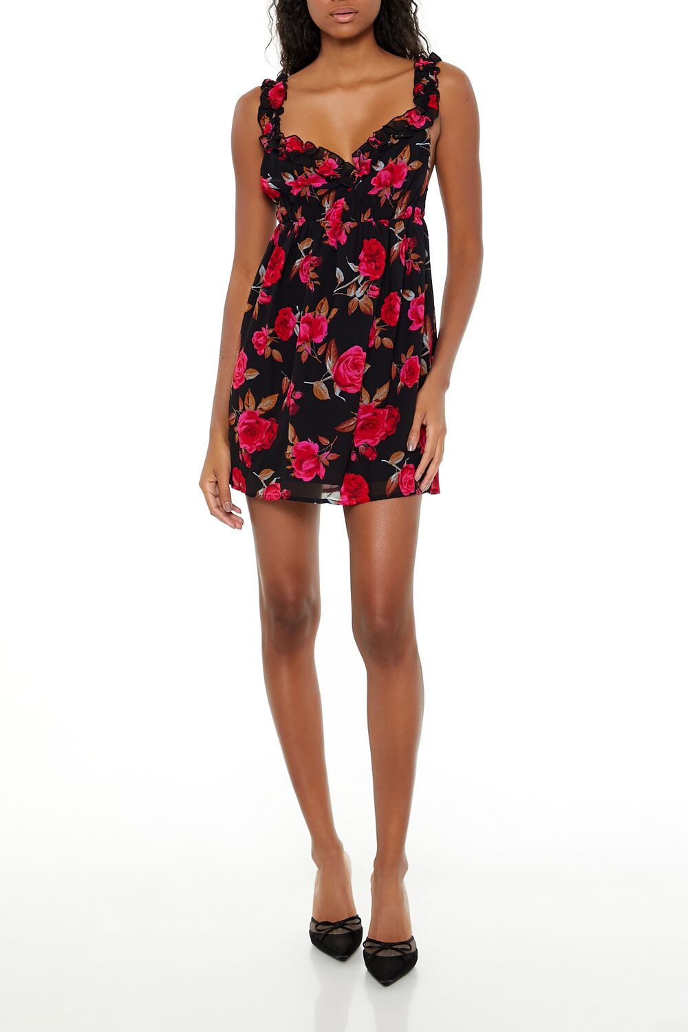  Forever 21 Ruffle Rose Mini Babydoll Dress - black-multi - Bonton