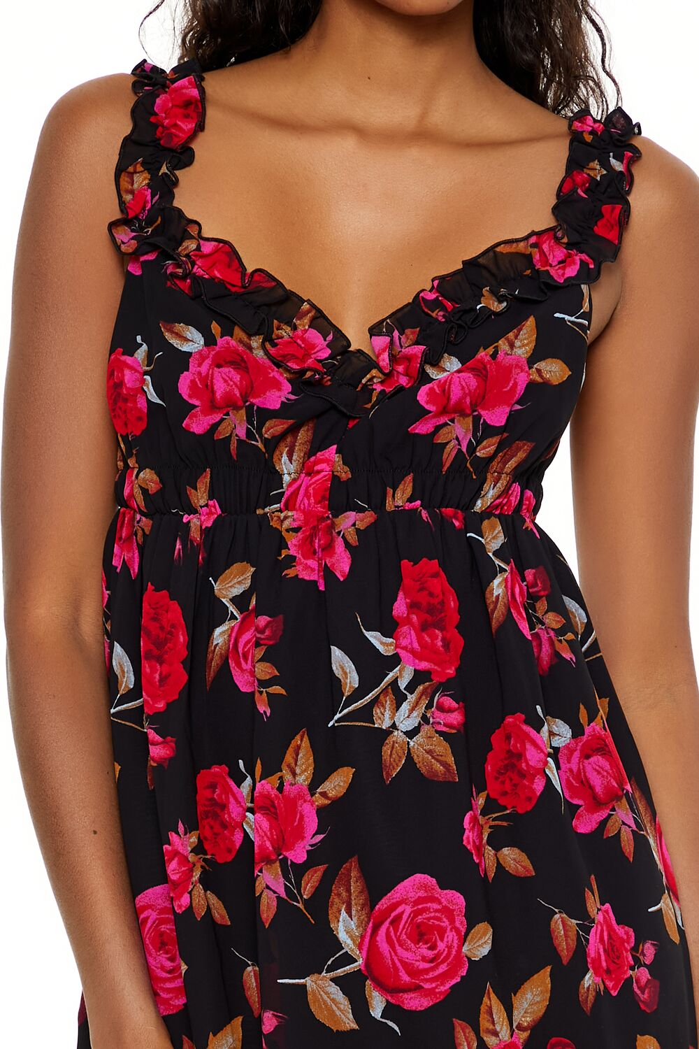  Forever 21 Ruffle Rose Mini Babydoll Dress - black-multi - Bonton