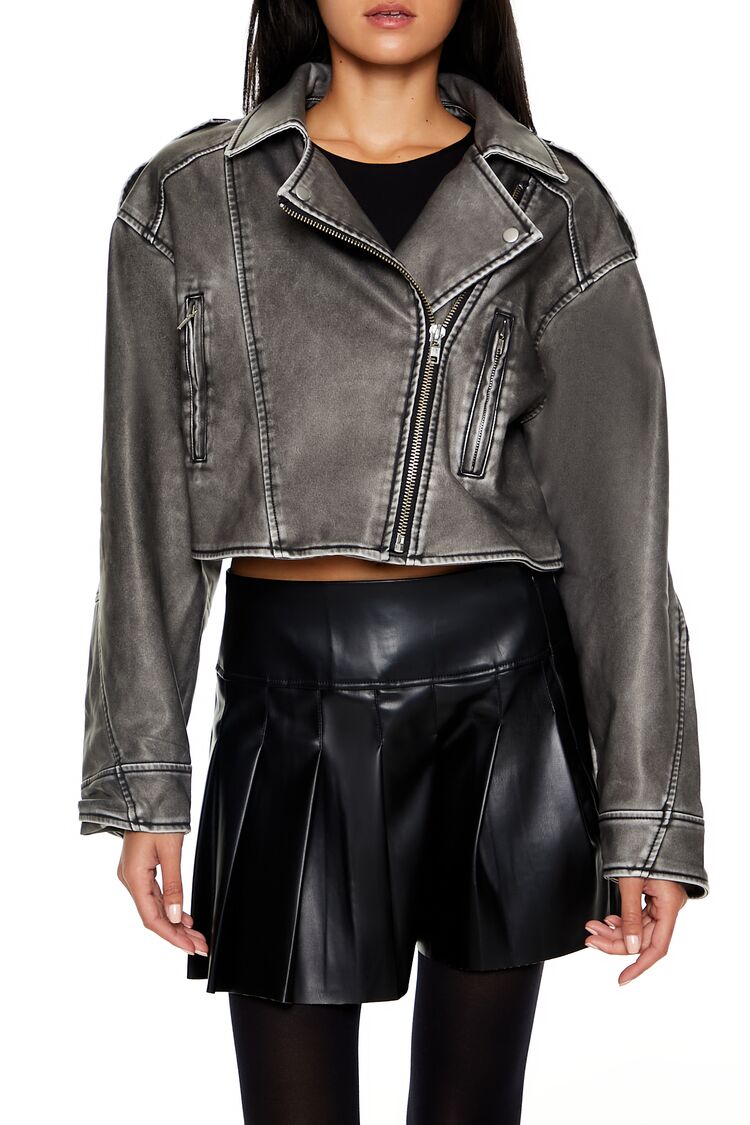  Forever 21 Faux Leather Cropped Moto Jacket - black-swatch - Bonton