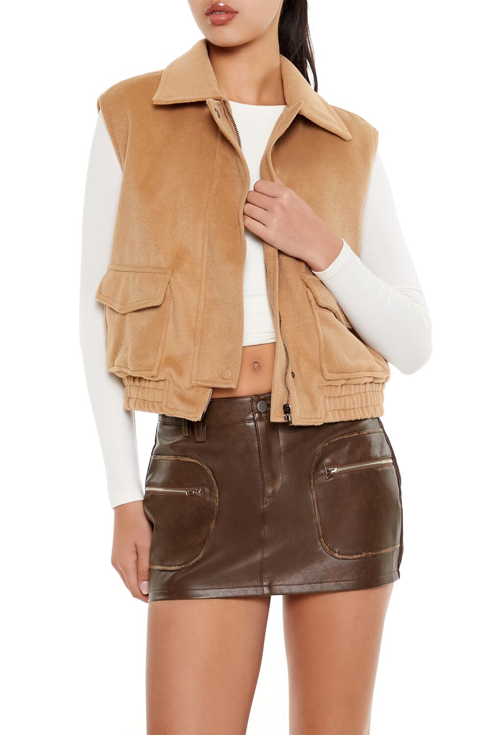  Forever 21 Brushed Zip-Up Vest - taupe - Bonton